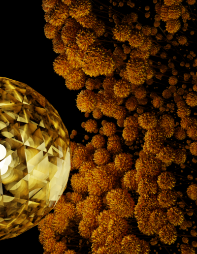 golden flowers on black background with a polygonal facetted glass lantern illuminating them