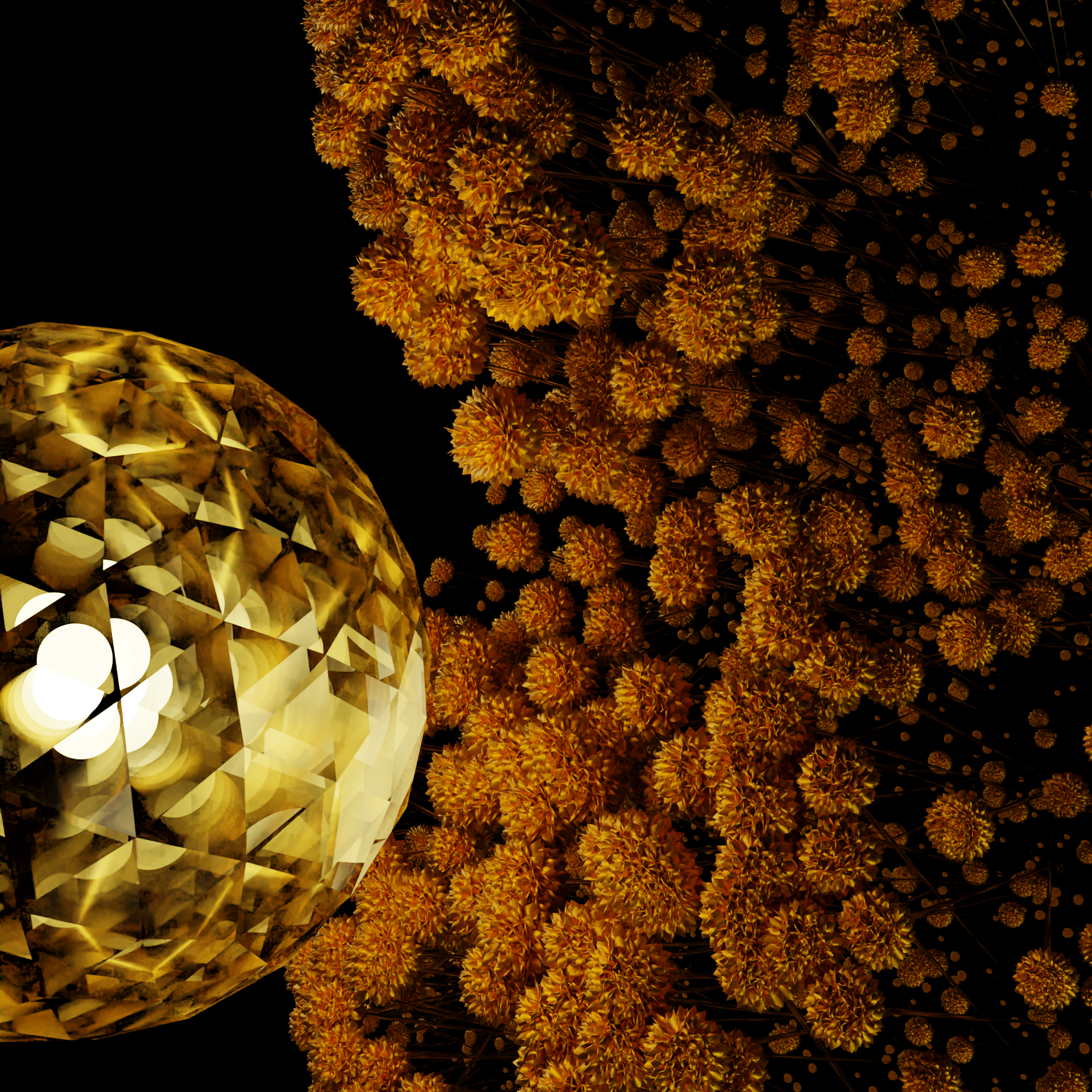 golden flowers on black background with a polygonal facetted glass lantern illuminating them 